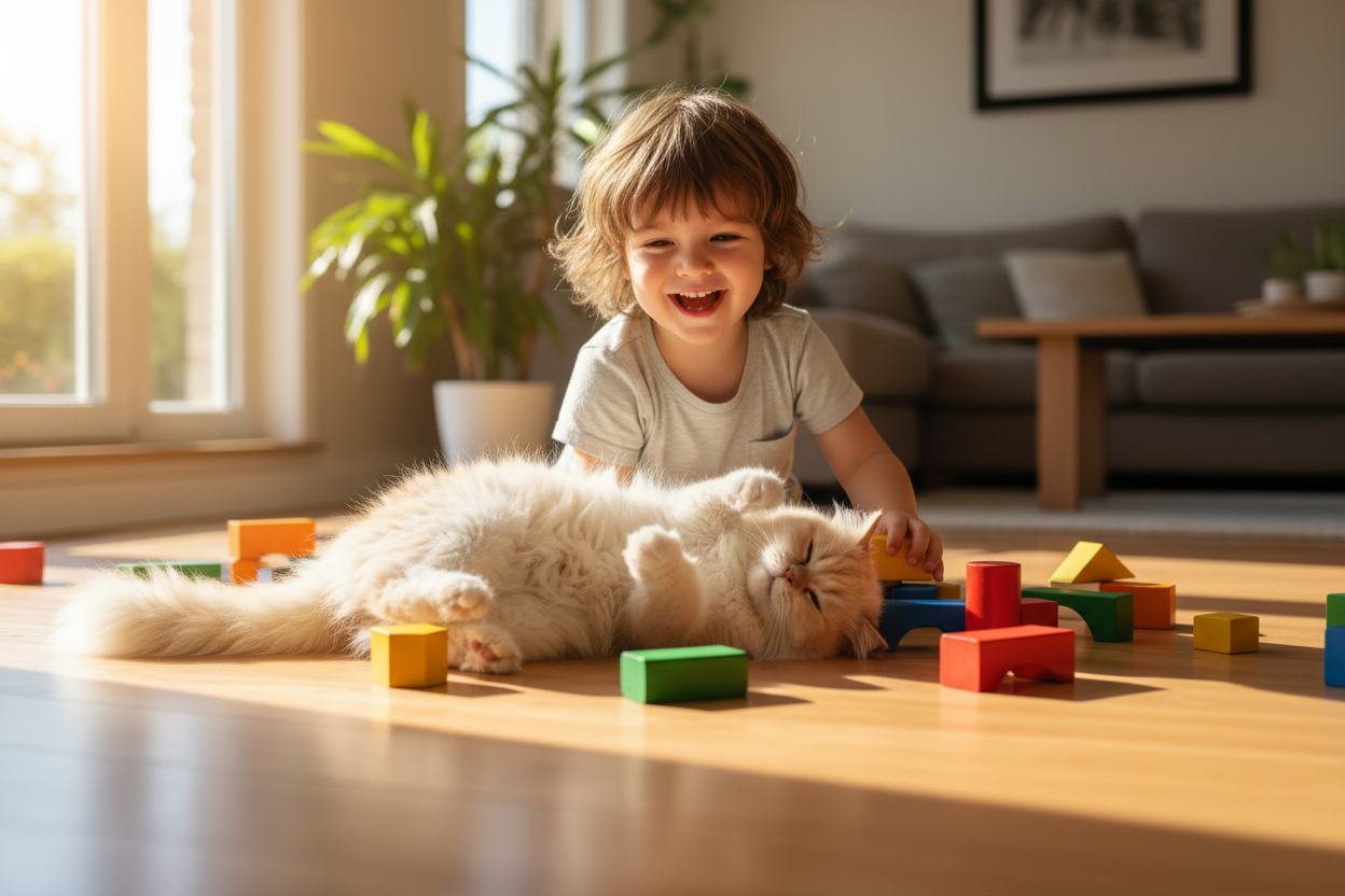 Photorealistic, vibrant image of a happy child playing with blocks and a fluffy cat rolling on a seamless, light-colored wood floor. Close-up, eye-level shot captures their joyful interaction in a sunlit living room, emphasizing the durable floor. Subtle wood grain, barely visible plank seams.